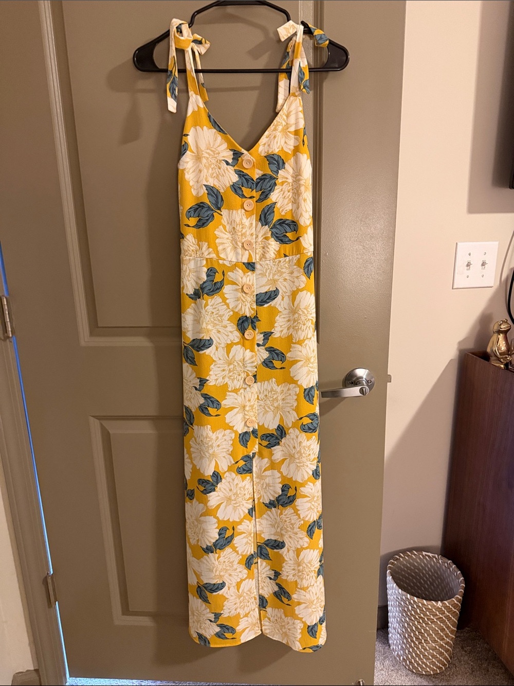 Yellow Floral Tie-Shoulder Button-Front Maxi Dress